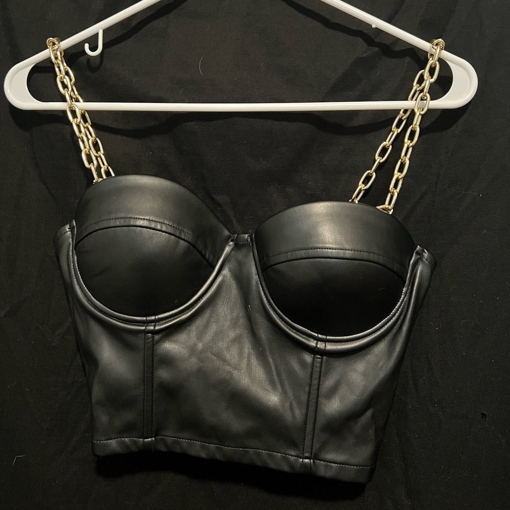 Small black faux leather corset crop top